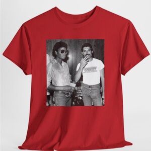 Gildan Red Graphic Tee with Vintage Print Michael Jackson and Freddie Mercury